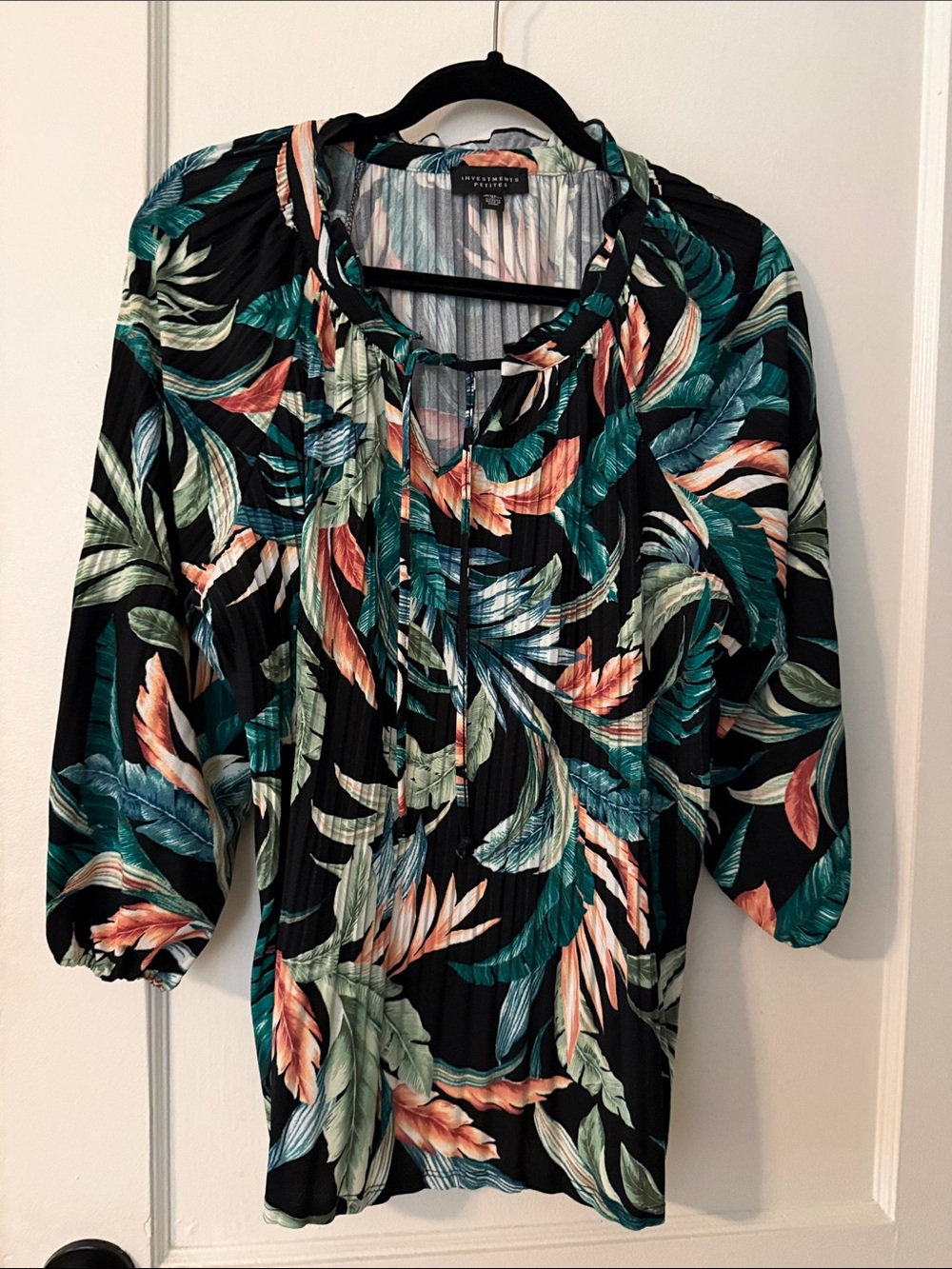Investments Black Tropical Tie-Neck Blouse with Teal & Coral Leaves